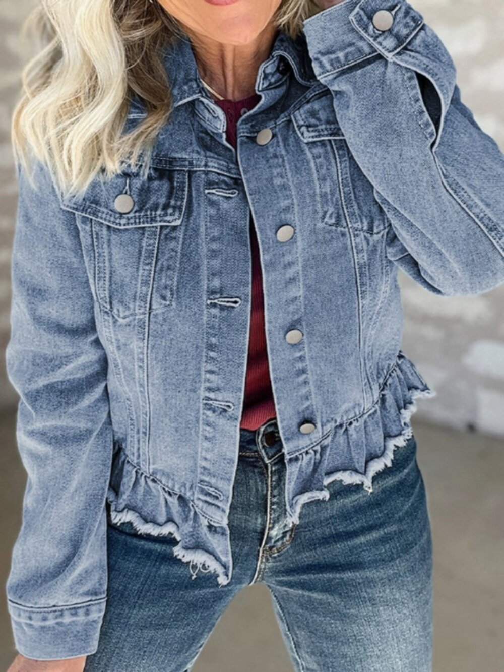 130. LOVESOFT Beau Blue Ruffle Raw Hem Flap Pockets Denim Jacket